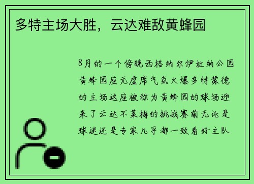 多特主场大胜，云达难敌黄蜂园