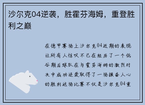 沙尔克04逆袭，胜霍芬海姆，重登胜利之巅