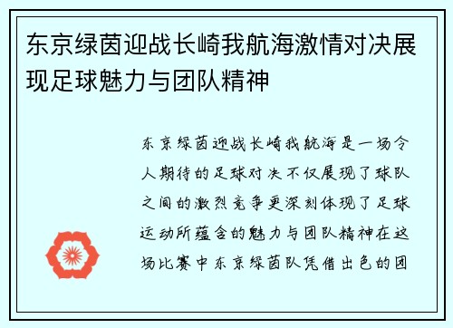 东京绿茵迎战长崎我航海激情对决展现足球魅力与团队精神