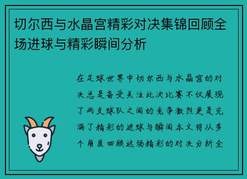 切尔西与水晶宫精彩对决集锦回顾全场进球与精彩瞬间分析